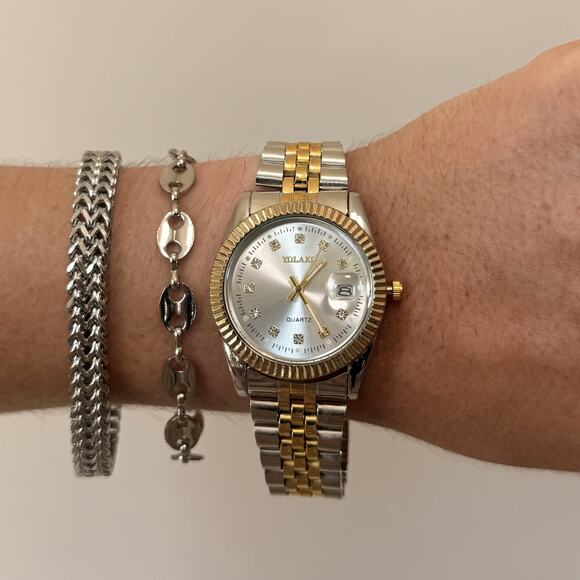Y2K Gold Silver Quartz Watch with Patterned Dial Date Window Unisex 8.5" New - Picture 1 of 5